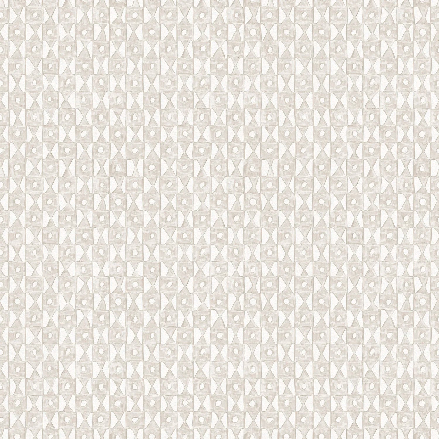 Detail of fabric in a geometric grid print in gray on a white field.