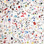 Detail of wallpaper in a playful illustrated "stuff" print in multicolor pastels on a white field.