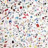 Detail of wallpaper in a playful illustrated "stuff" print in multicolor pastels on a white field.