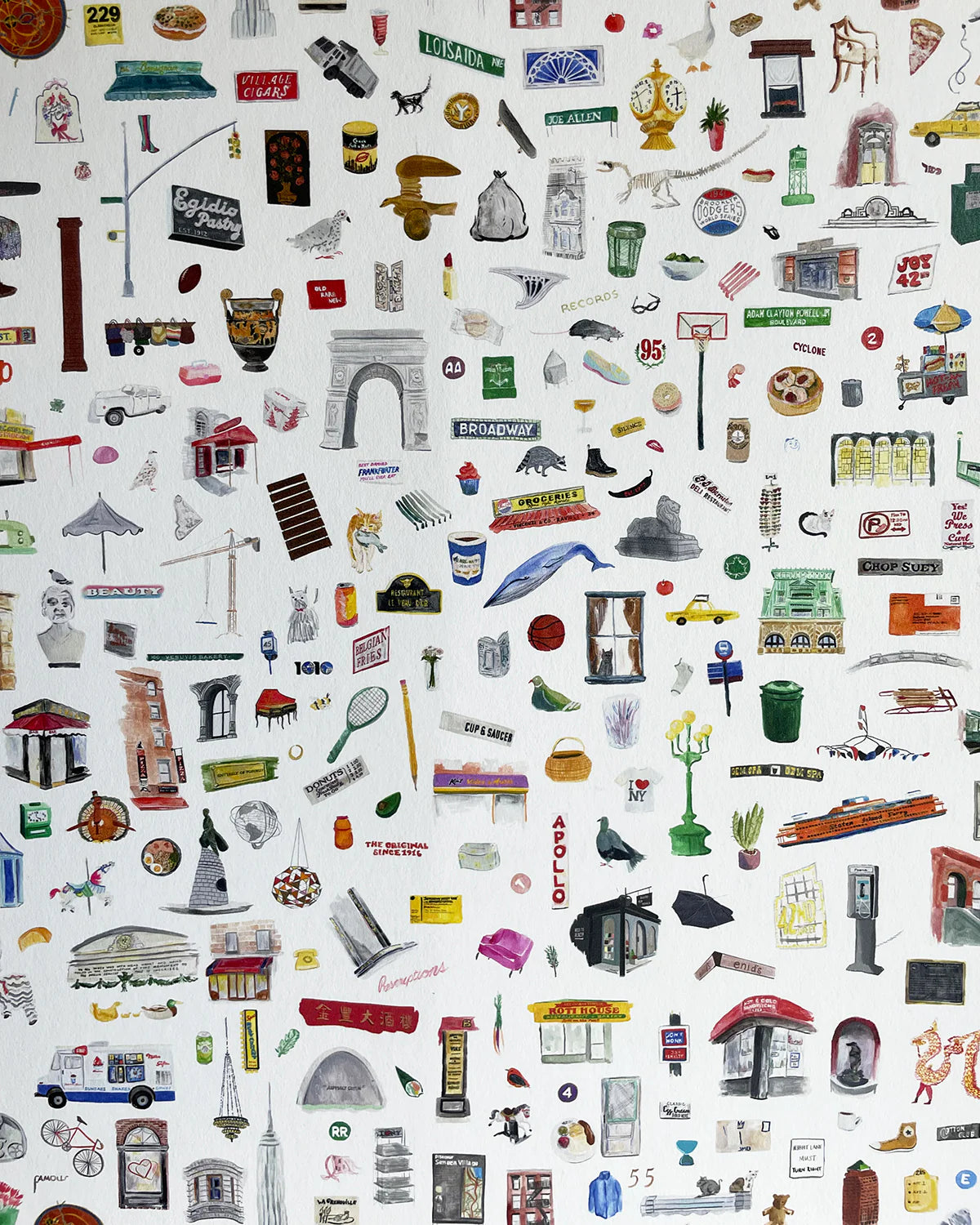 Detail of wallpaper in a playful illustrated "stuff" print in multicolor pastels on a white field.