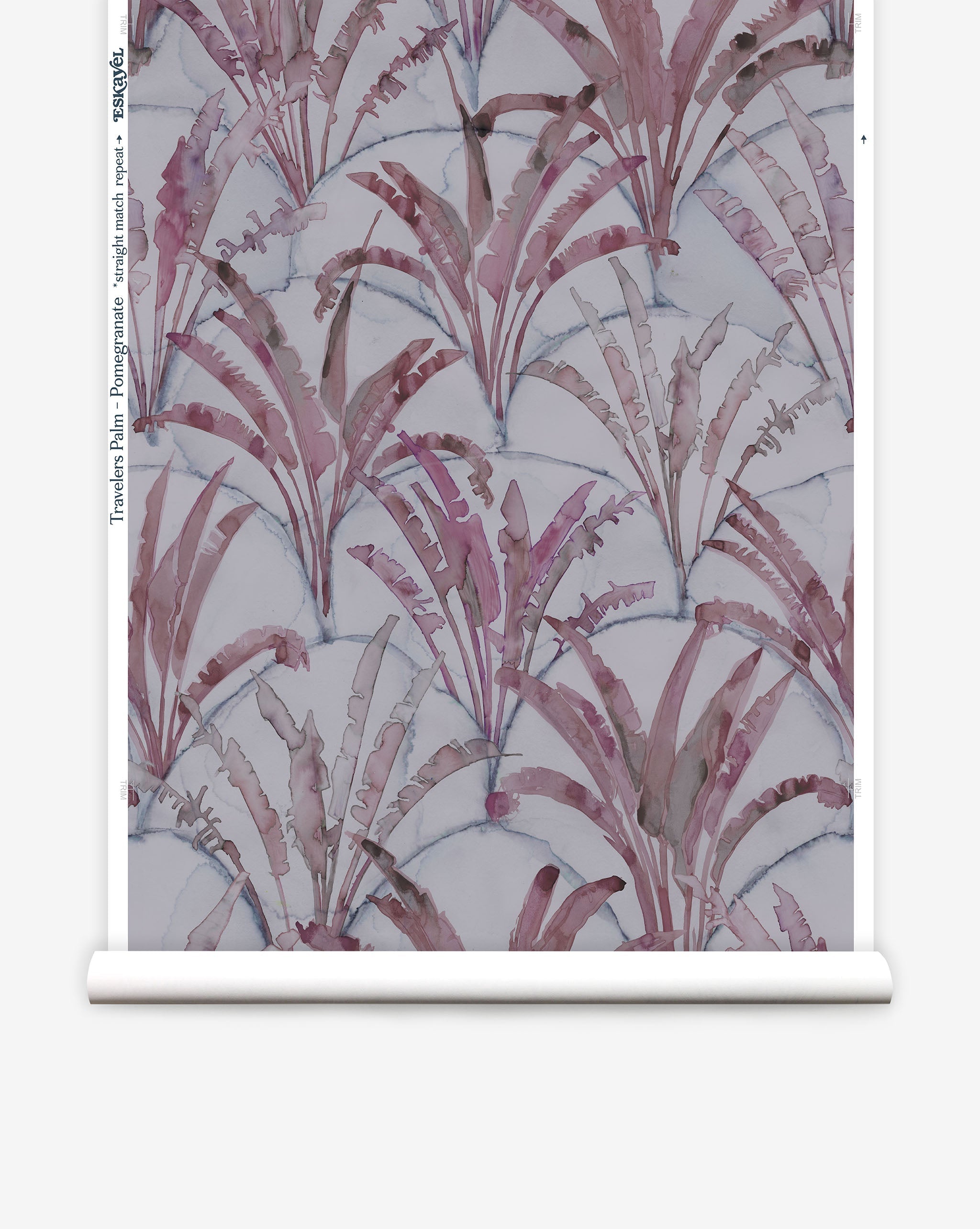 Partially unrolled wallpaper yardage in a painterly palm tree pattern in shades of purple and navy on a gray field.