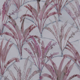 Detail of wallpaper in a painterly palm tree pattern in shades of purple and navy on a gray field.