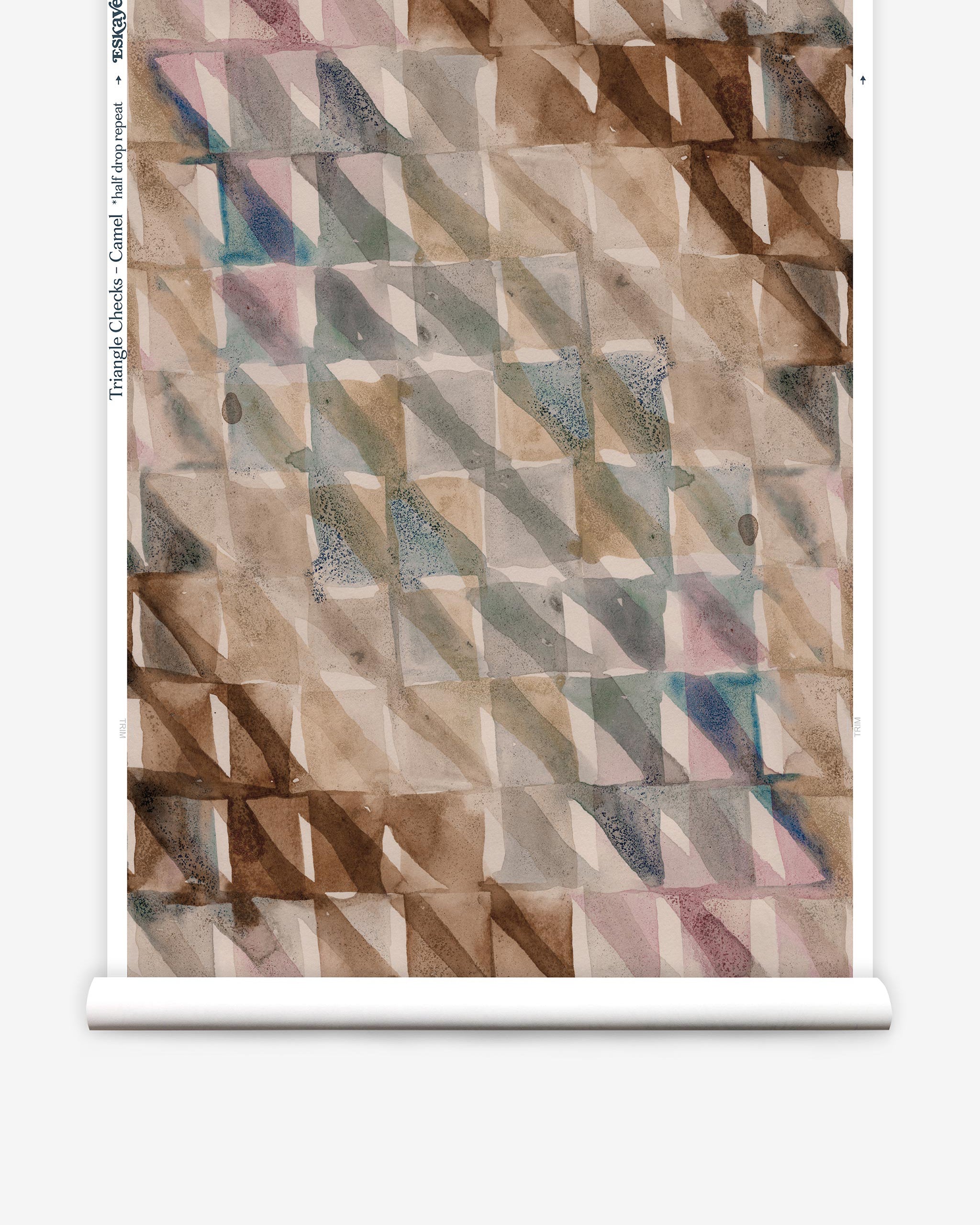 Partially unrolled wallpaper yardage in a painterly check pattern in shades of brown, blue and pink.