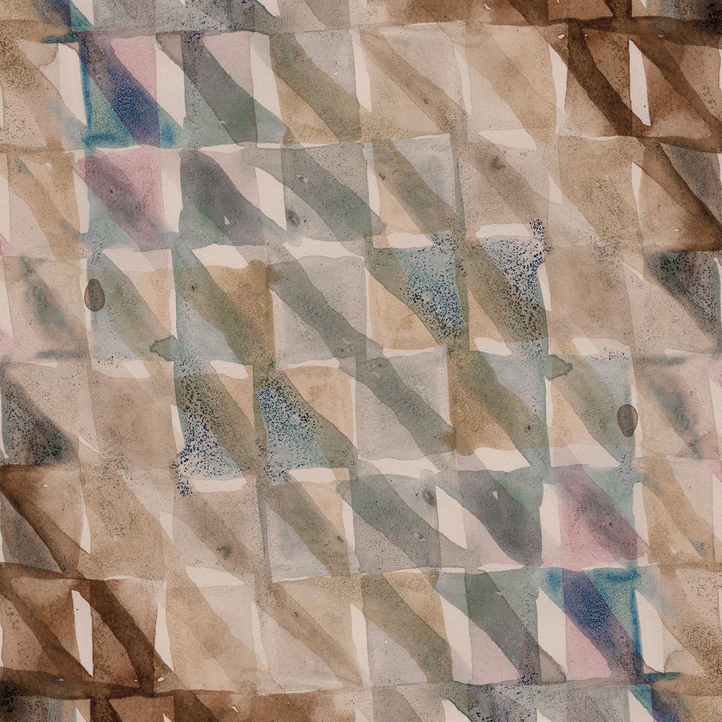 Detail of wallpaper in a painterly check pattern in shades of brown, blue and pink.