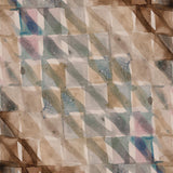 Detail of wallpaper in a painterly check pattern in shades of brown, blue and pink.