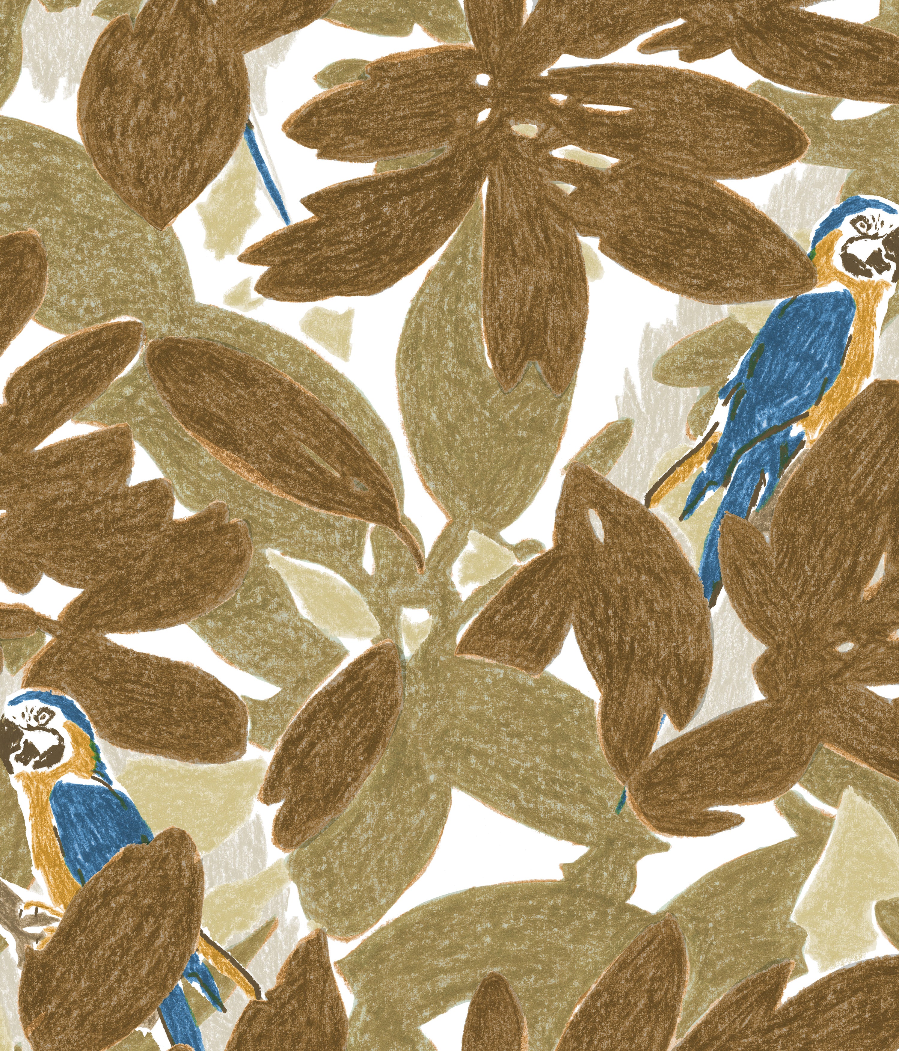 Detail of wallpaper in a playful botanical and parrot print in shades of bronze, brown, navy and yellow on a white field.