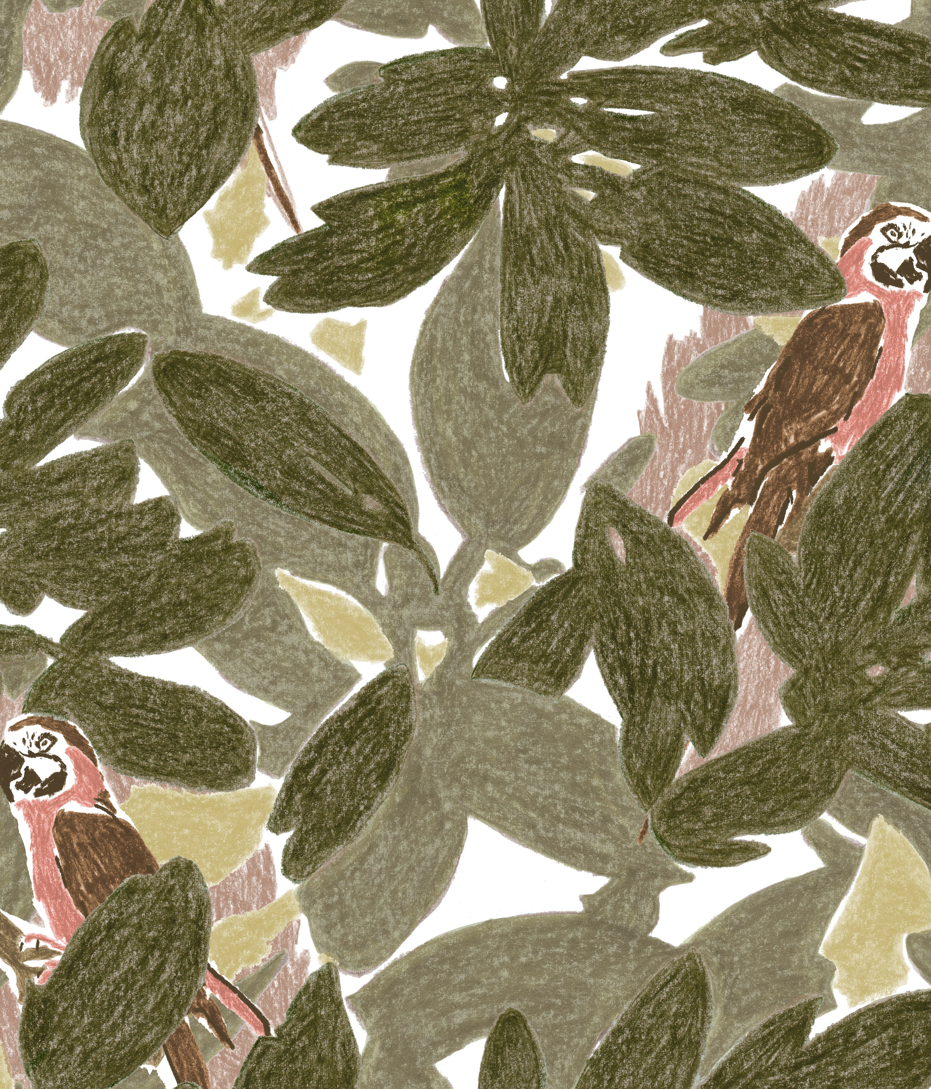 Detail of fabric in a playful botanical and parrot print in shades of green, brown and pink on a white field.