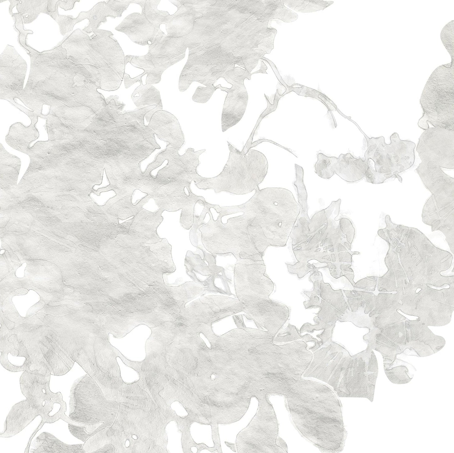 Detail of wallpaper in a watercolor floral print in mottled cream and gray on a white field.