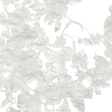 Detail of wallpaper in a watercolor floral print in mottled cream and gray on a white field.