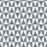 Detail of wallpaper in a curvilinear grid print in navy on a white field.