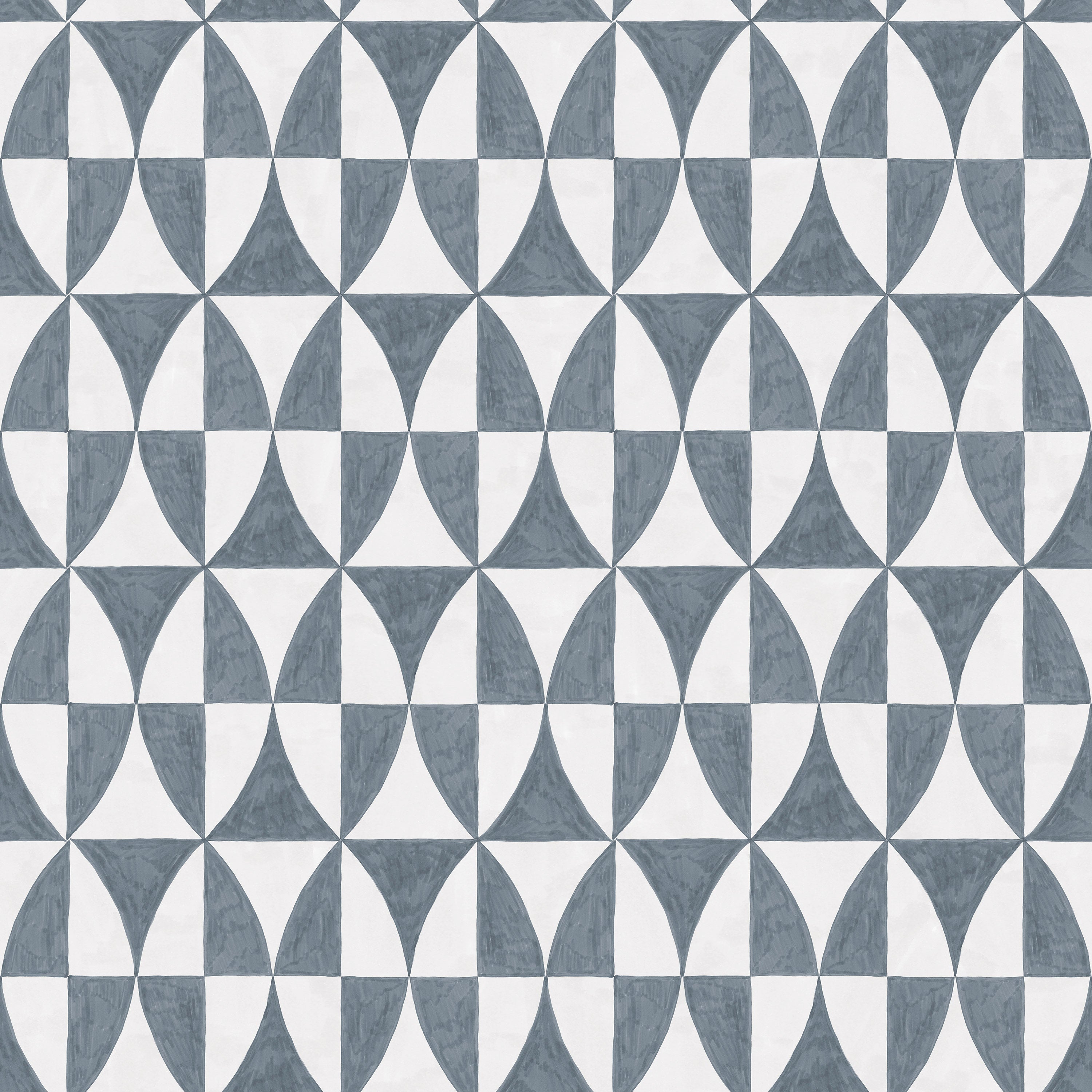 Detail of wallpaper in a curvilinear grid print in navy on a white field.