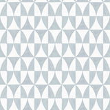Detail of wallpaper in a curvilinear grid print in light blue on a white field.