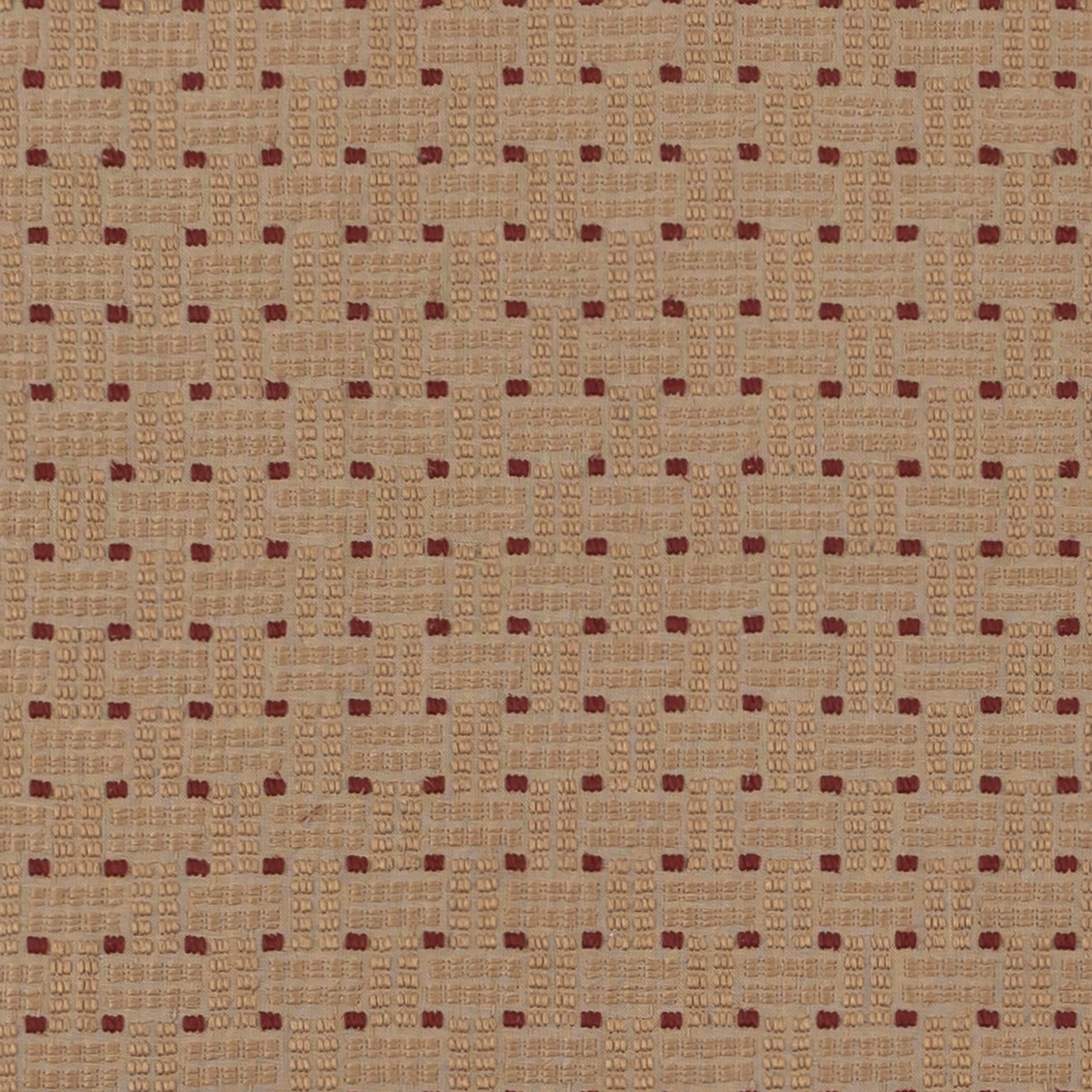 Embroidered fabric in a dashed basketweave design in tan with red accents.