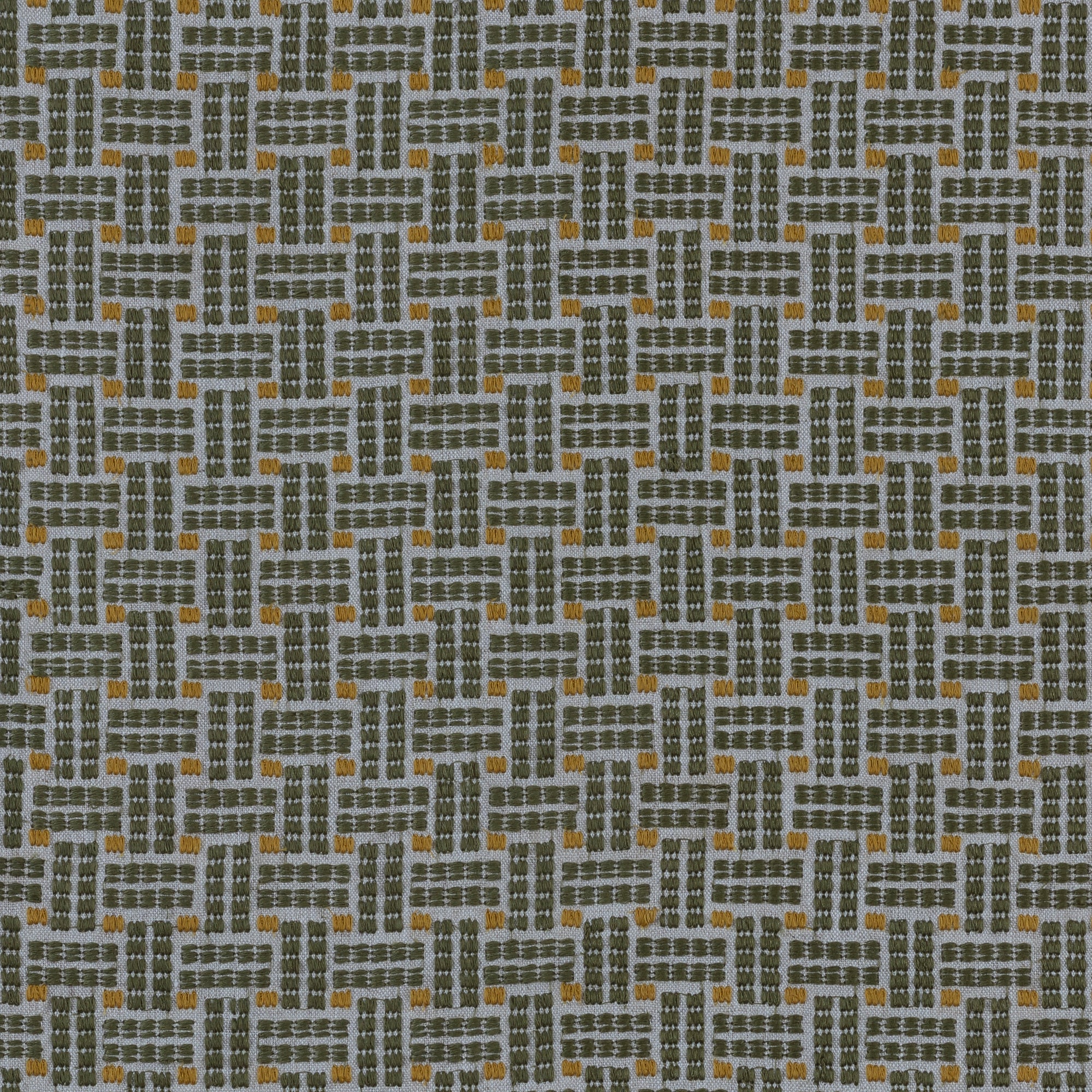 Embroidered fabric in a dashed basketweave design in sage green with yellow accents.