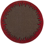 Handknotted circular rug with a flame border design in red on a brown field. 
