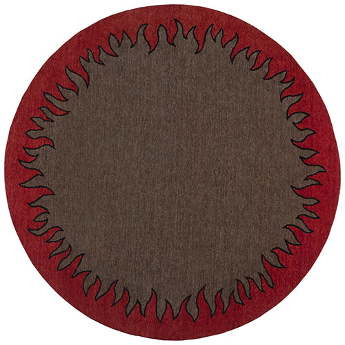 Handknotted circular rug with a flame border design in red on a brown field. 
