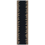 Flatweave runner with a flame border design in taupe on a black field. 