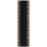 Flatweave runner with a flame border design in taupe on a black field. 