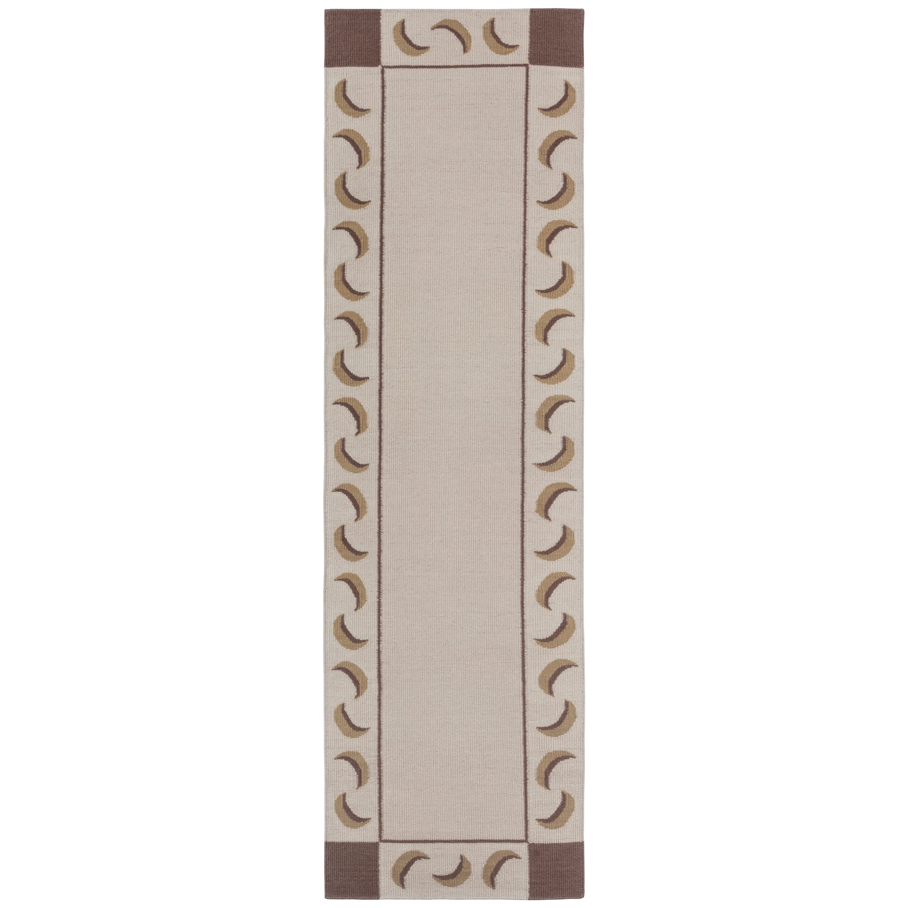 Flatweave runner with a crescent moon border in cream, taupe and brown