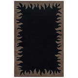 Handknotted rug with a flame border design in brown on a black field. 