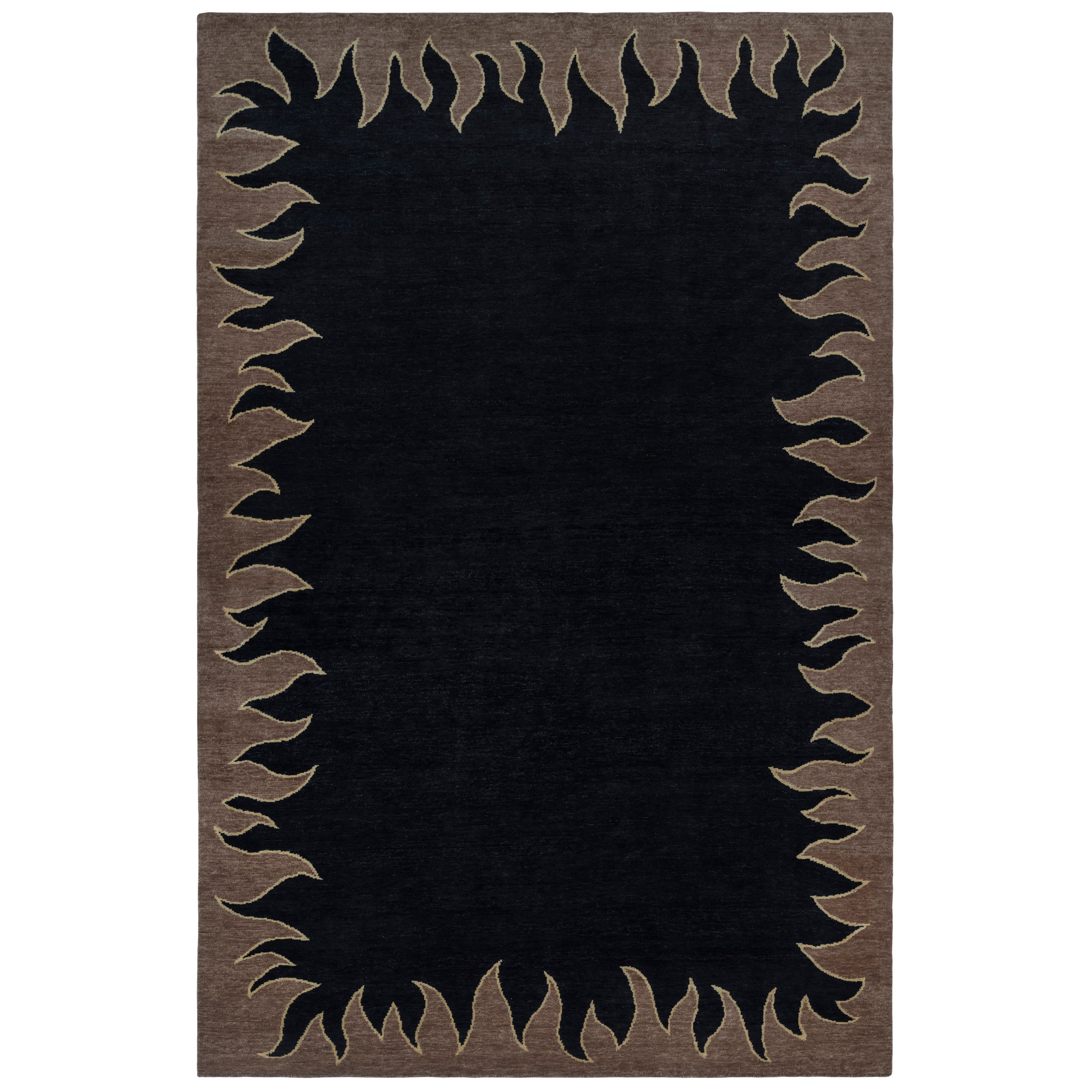 Handknotted rug with a flame border design in brown on a black field. 