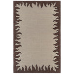 Handknotted rug with a flame border design in brown on a cream field.