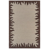 Handknotted rug with a flame border design in brown on a cream field.