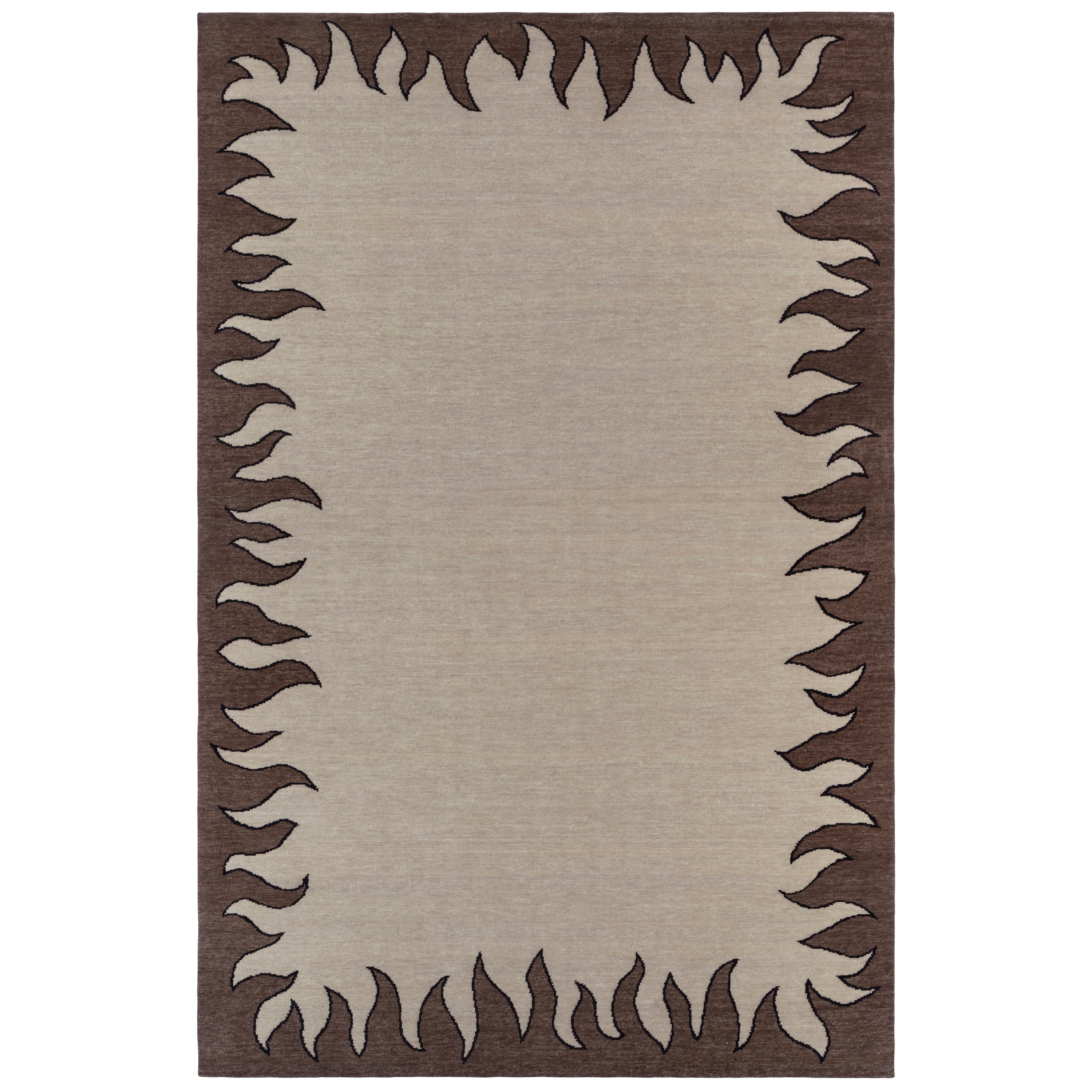 Handknotted rug with a flame border design in brown on a cream field.
