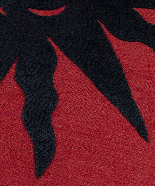 Detail of a handknotted rug with a raised sun motif in black on a red field.