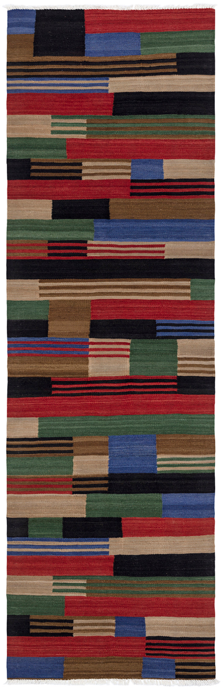 Handwoven runner in a stacked stripe pattern in blue, red, green , tan and black.