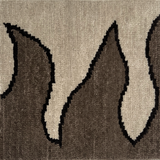 Detail of a handknotted rug with a flame border design in brown on a cream field.