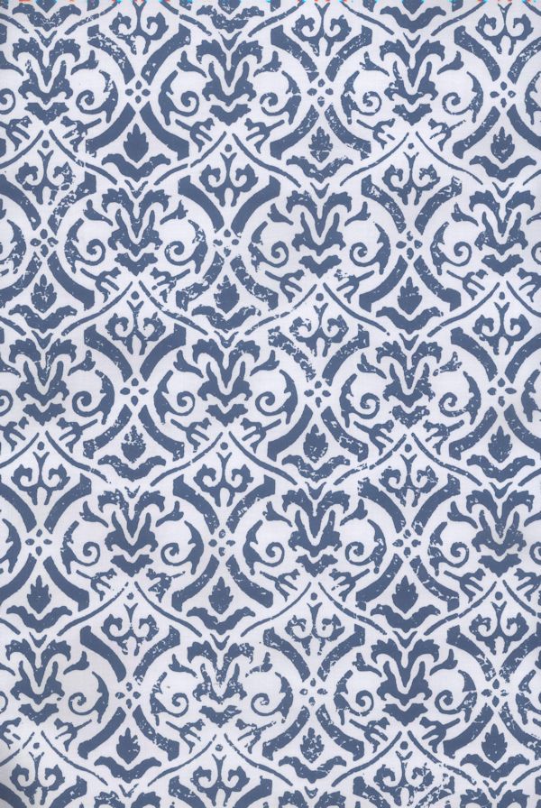 Detail of fabric in a botanical damask print in navy on a light blue field.