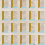 A potted cactus stands in front of a wall papered in a dimensional grid print in shades of cream, light blue and yellow.