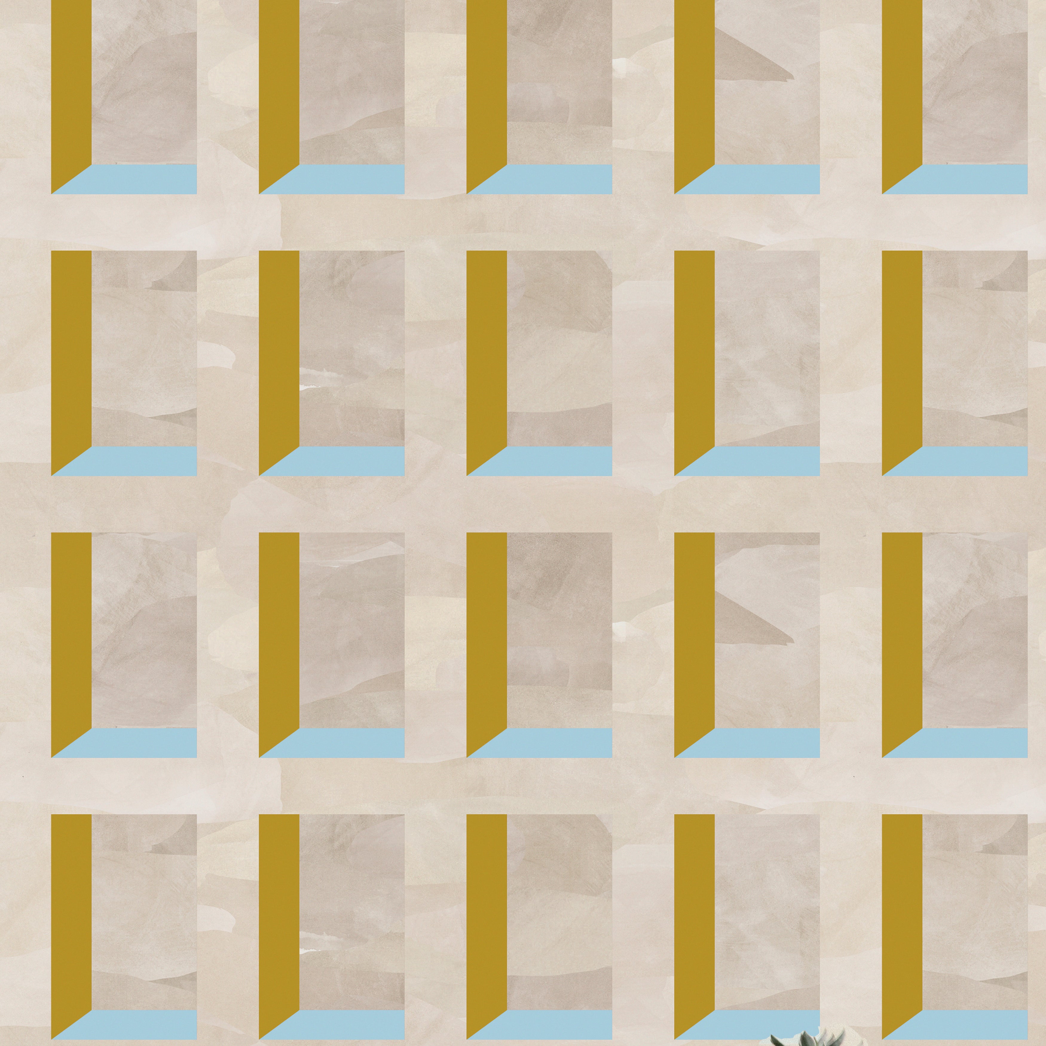 A potted cactus stands in front of a wall papered in a dimensional grid print in shades of cream, light blue and yellow.