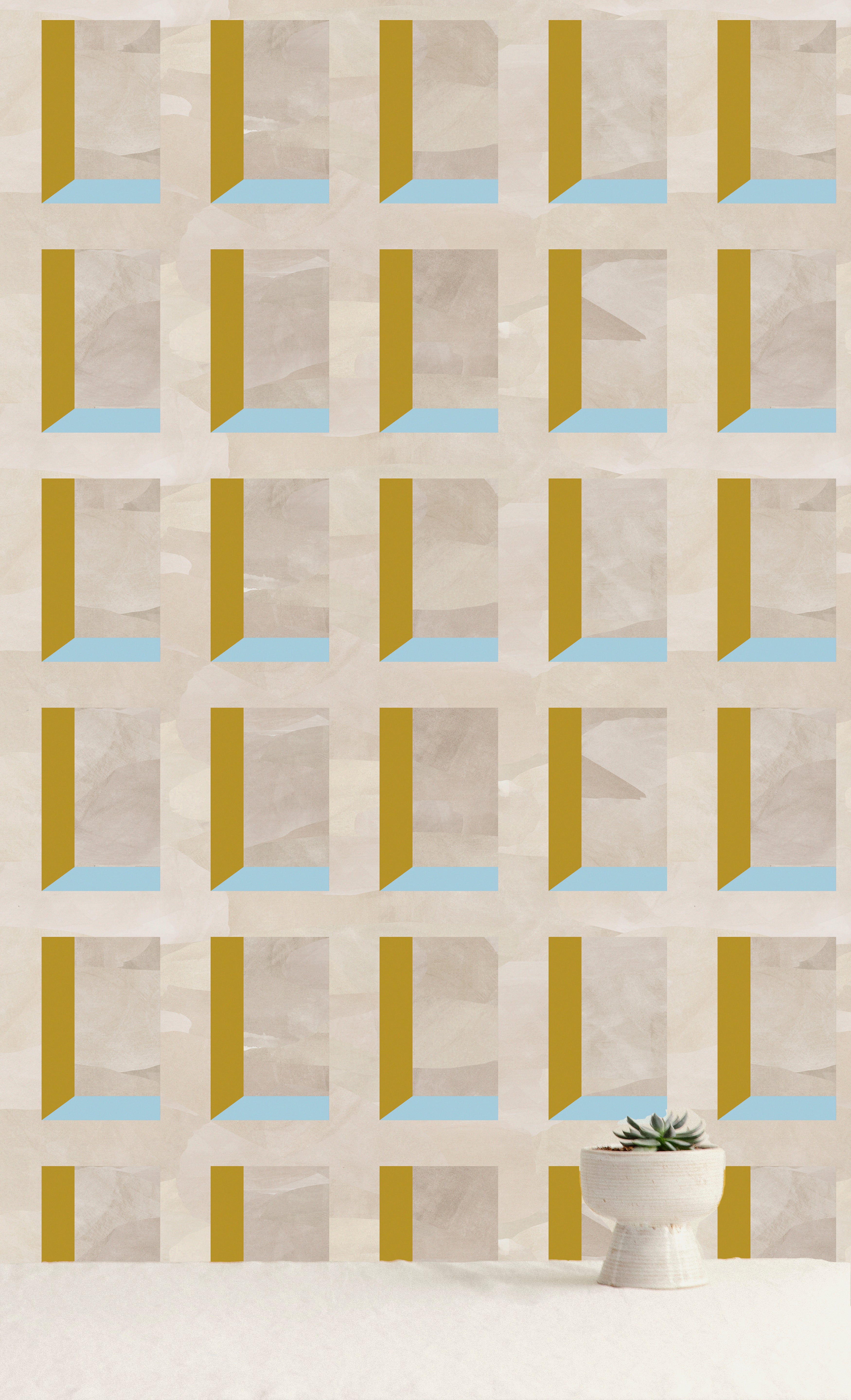 A potted cactus stands in front of a wall papered in a dimensional grid print in shades of cream, light blue and yellow.