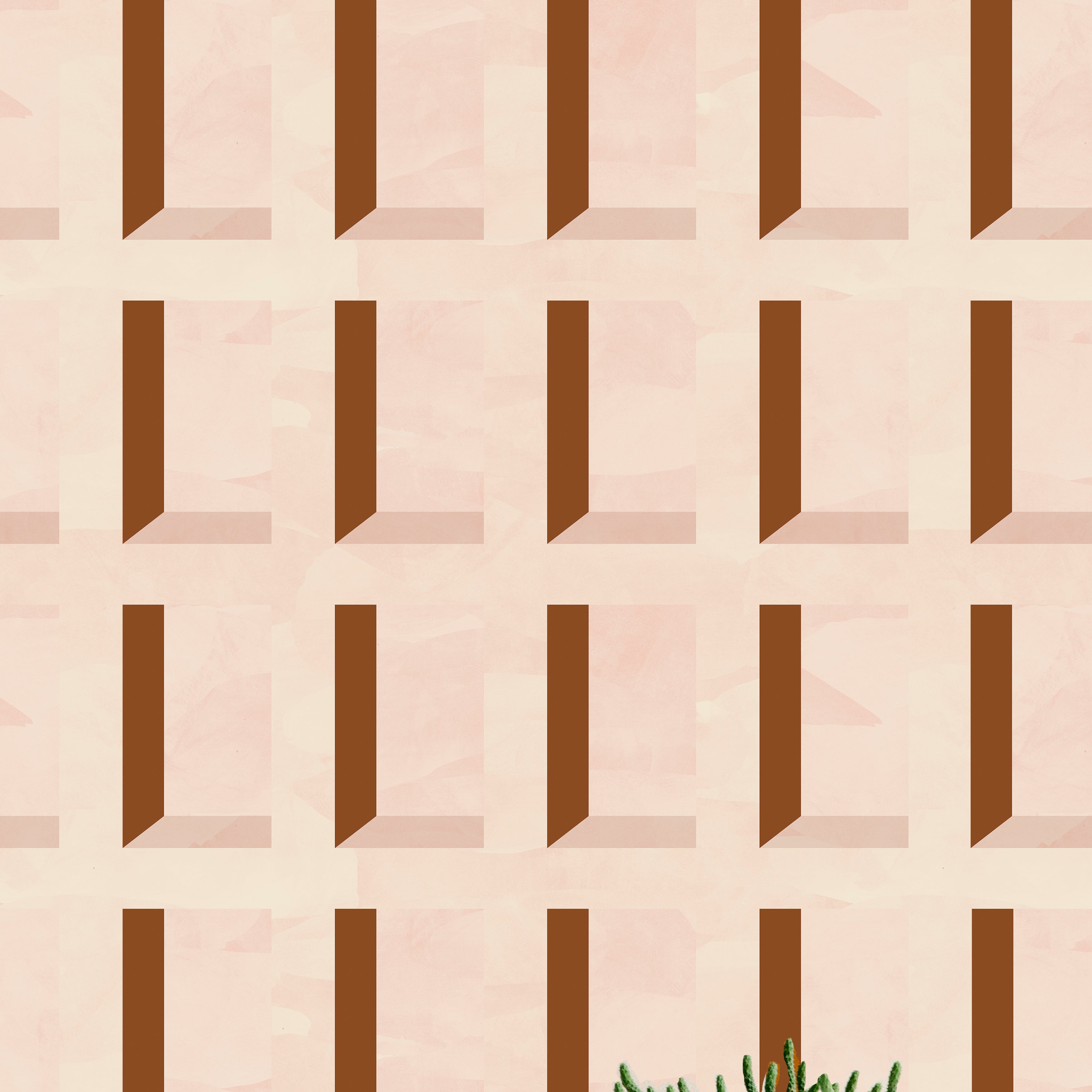 A potted cactus stands in front of a wall papered in a dimensional grid print in shades of cream and rust.