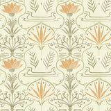 Detail of wallpaper in an intricate floral lattice print in shades of green and orange on a cream field.
