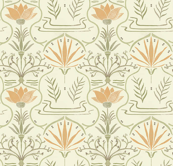Detail of wallpaper in an intricate floral lattice print in shades of green and orange on a cream field.