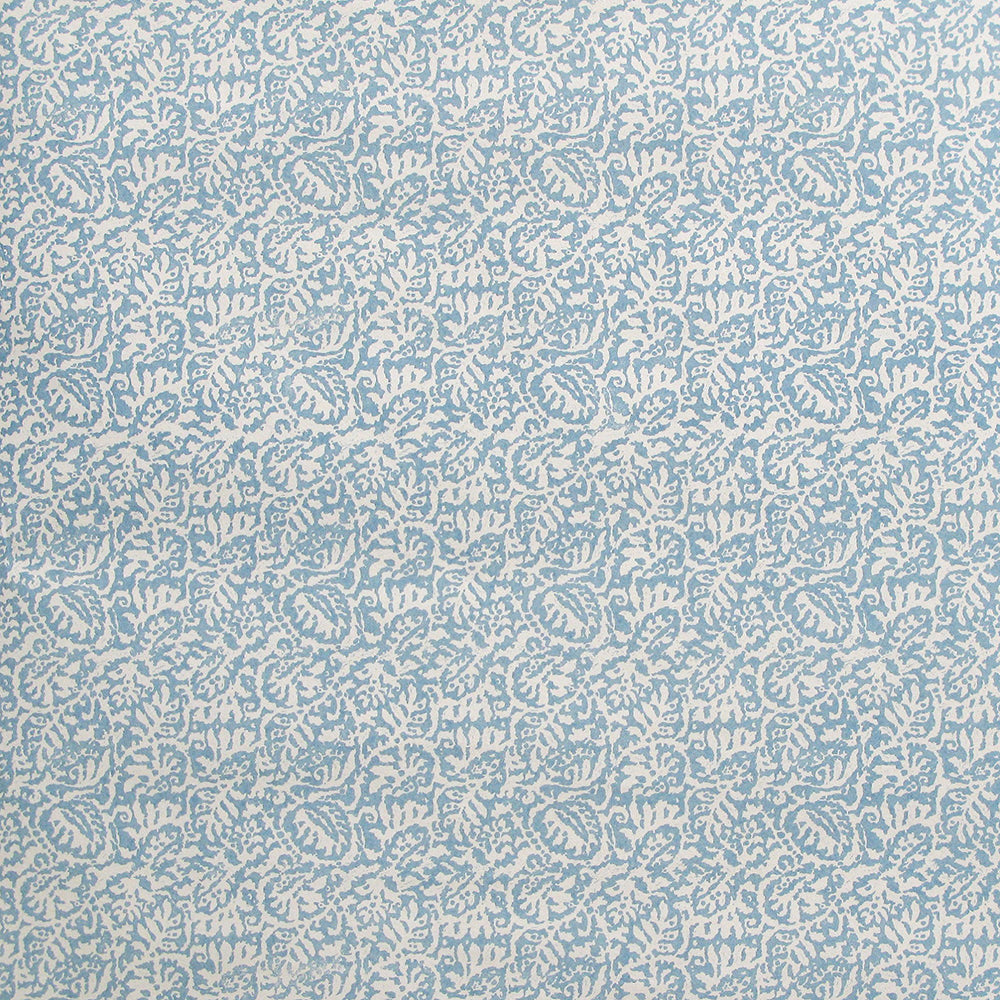 Detail of wallpaper in a dense paisley print in cream on a light blue field.