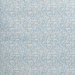 Detail of wallpaper in a dense paisley print in cream on a light blue field.