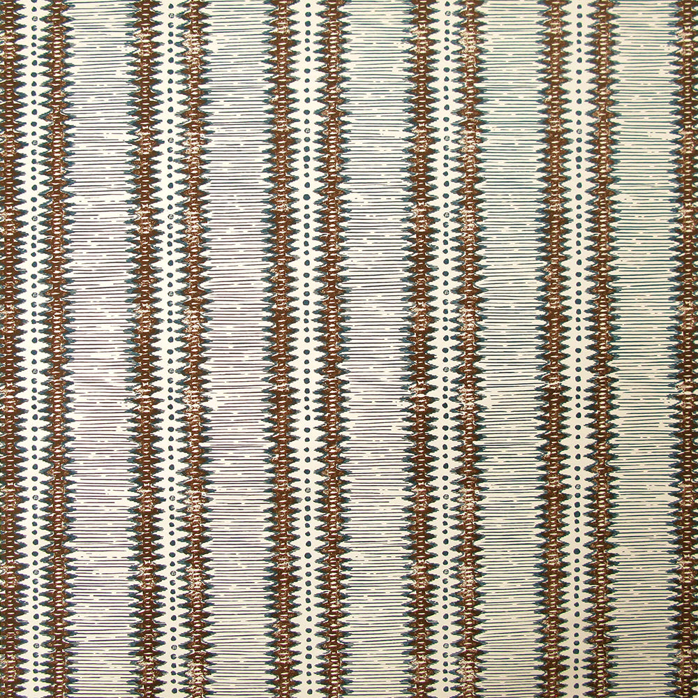 Detail of wallpaper in a dense tribal stripe pattern in shades of cream, gray and brown.