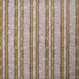 Detail of wallpaper in a dense tribal stripe pattern in shades of cream, mustard and brown.
