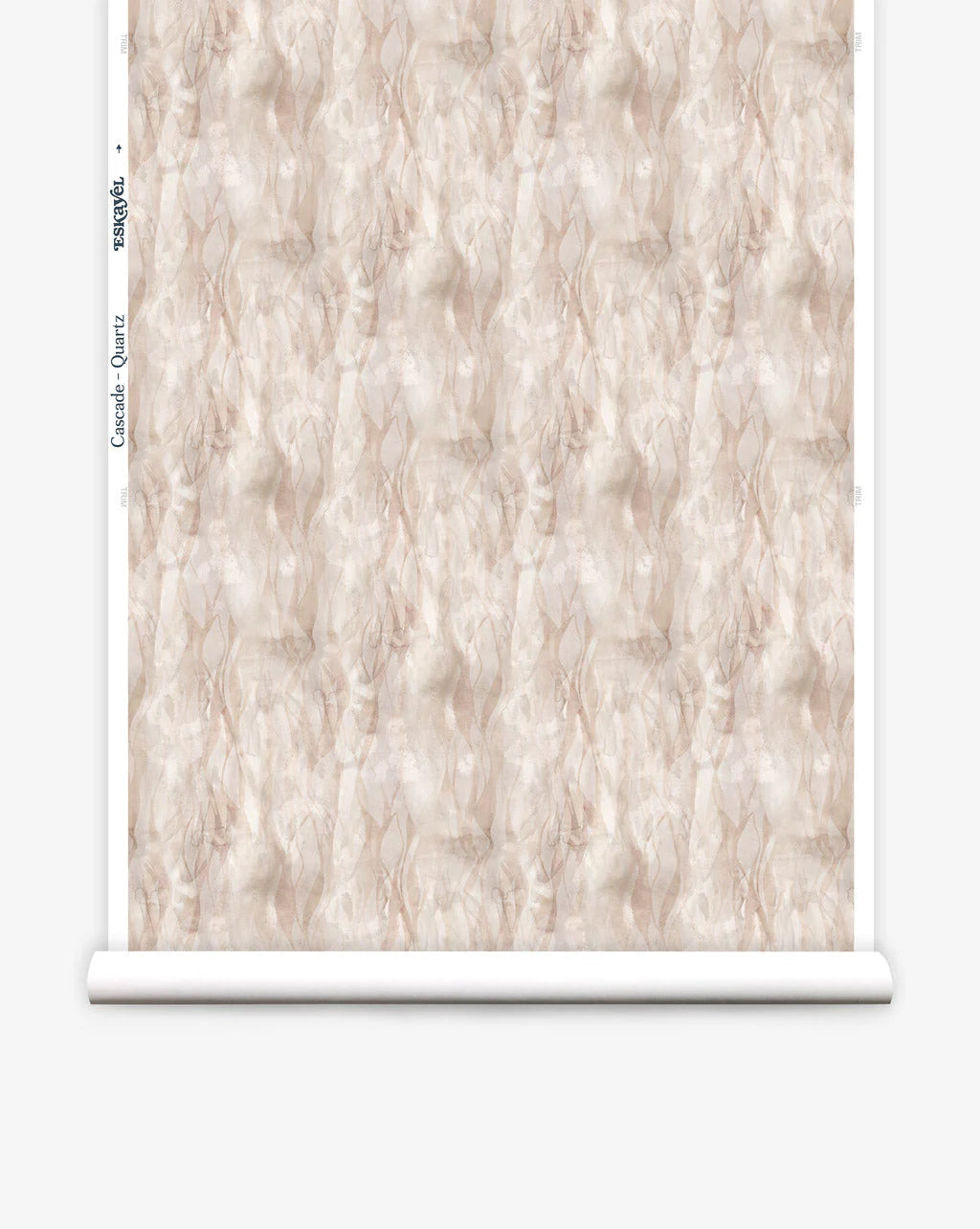 Wallpaper roll in a layered squiggle watercolor pattern in shades of pastel pink. 