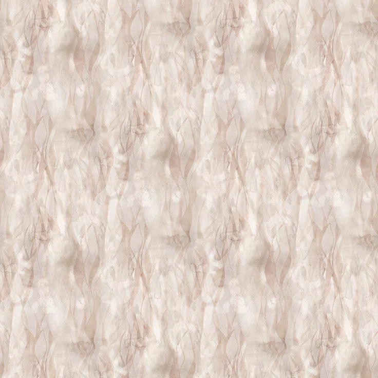 Wallpaper detail in a layered squiggle watercolor pattern in shades of pastel pink. 