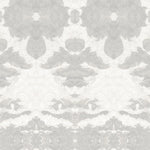 Detail of wallpaper in a painterly ikat print in shades of gray and cream.