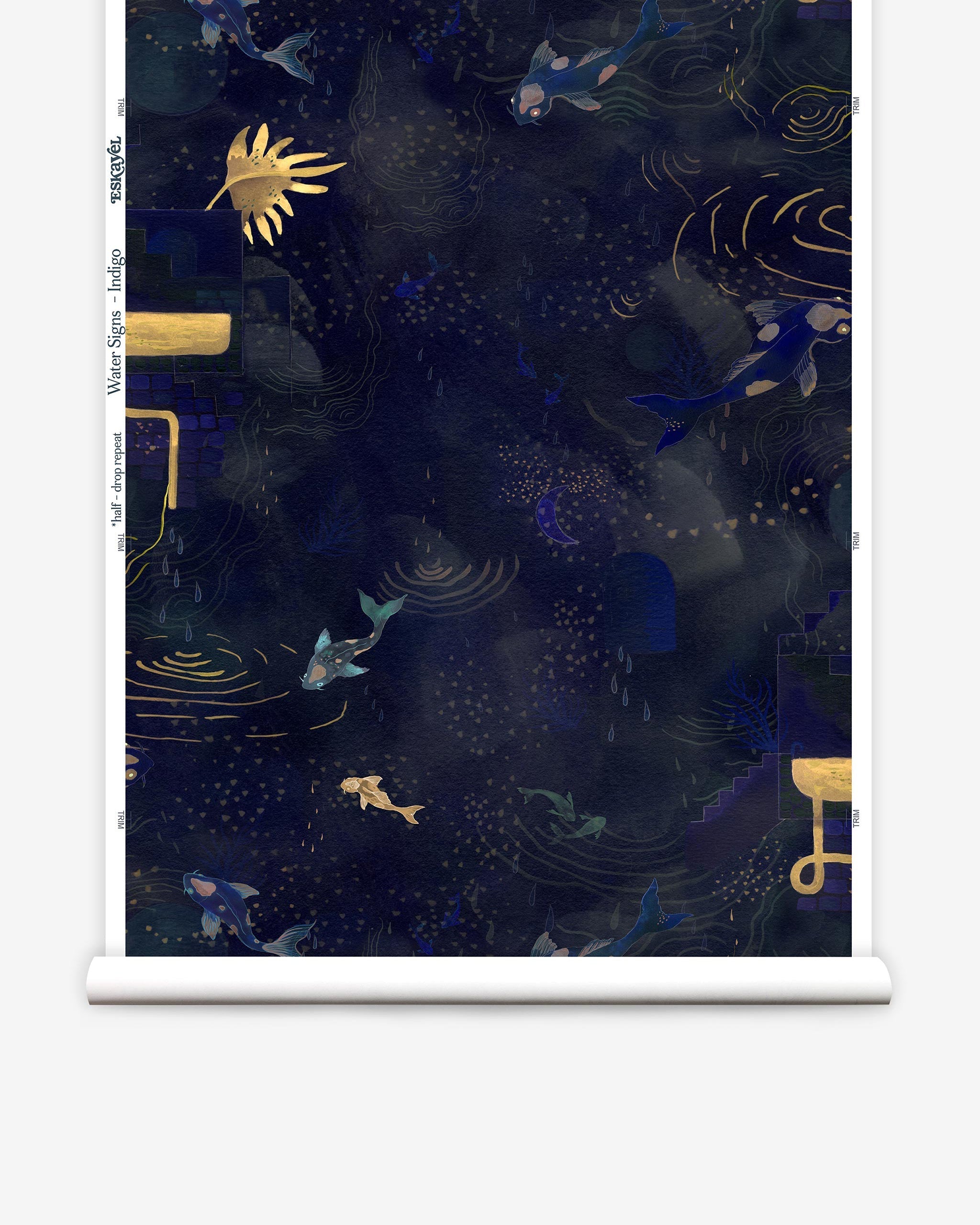 Partially unrolled wallpaper yardage in a playful koi pond print in shades of navy and gold on a black field.
