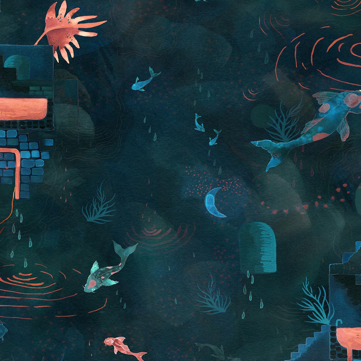 Detail of wallpaper in a playful koi pond print in shades of blue and coral on a navy field.