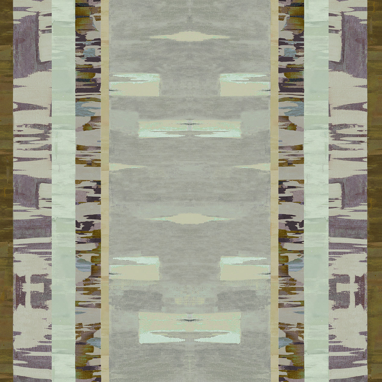 Printed fabric in an engineered stripe design with watercolor effects in shades of shades of green, sea foam, purple and brown.
