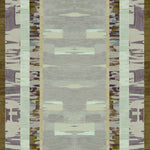 Printed fabric in an engineered stripe design with watercolor effects in shades of shades of green, sea foam, purple and brown.