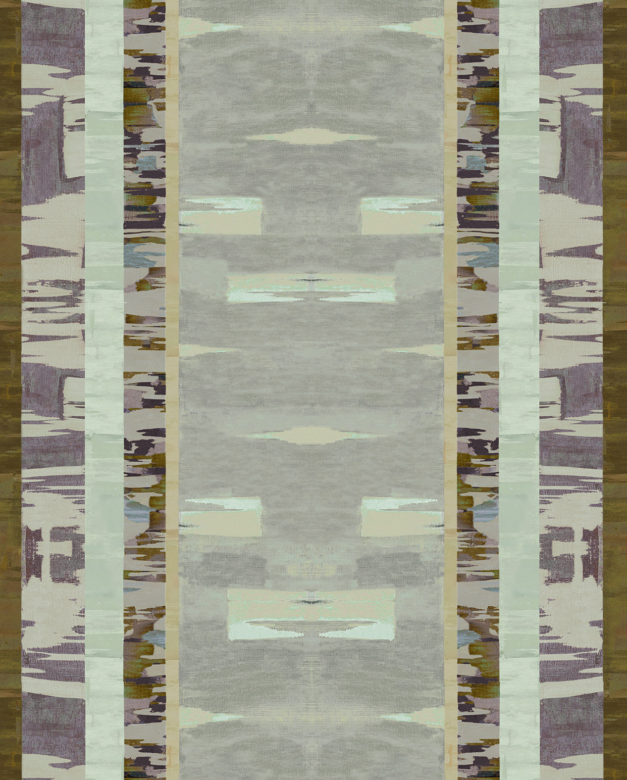Printed fabric in an engineered stripe design with watercolor effects in shades of shades of green, sea foam, purple and brown.